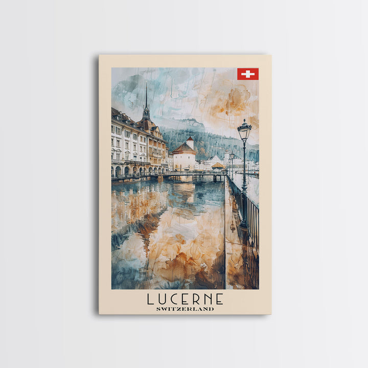 Lucerne Switzerland Travel Poster Framed Canvas Print, Scenic Landscape, Watercolor Art, Wall Decoration, Home Decor, Travel Print, Original Painting