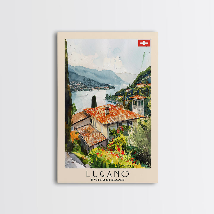 Lugano Switzerland Travel Poster Framed Canvas Print, Lakeside Cityscape, Watercolor Painting, Wall Art, Home Decoration, Travel Print, Artistic Gift