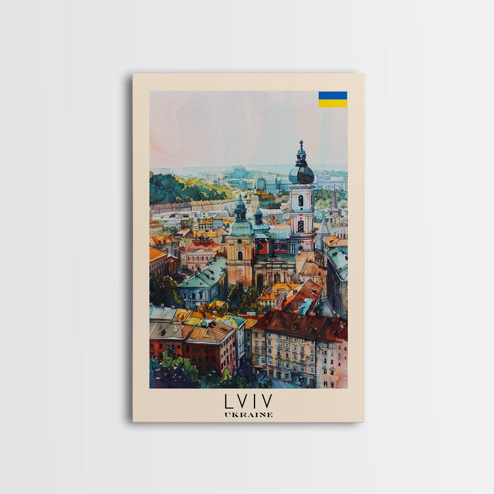 Lviv Ukraine Travel Poster Framed Canvas Print, Colorful Cityscape, Urban Wall Art, Home Decoration, Travel Print, Original Painting