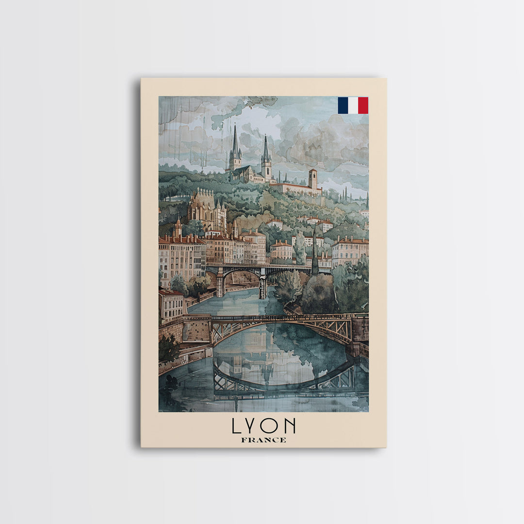 Lyon France Travel Poster Framed Canvas Print, Historic Cityscape, Watercolor Art, Wall Hanging, Home Decor, Travel Print, Art Collectible
