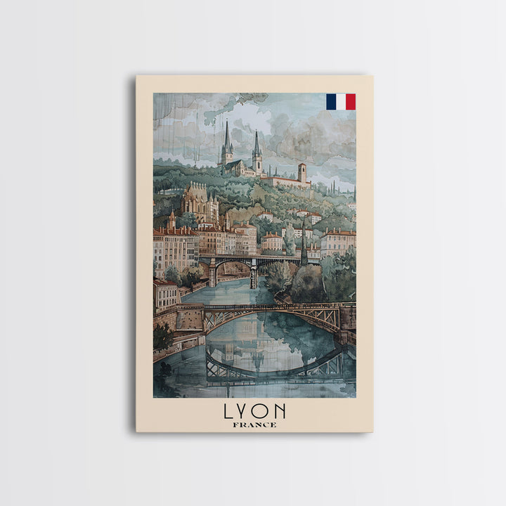 Lyon France Travel Poster Framed Canvas Print, Historic Cityscape, Watercolor Art, Wall Hanging, Home Decor, Travel Print, Art Collectible