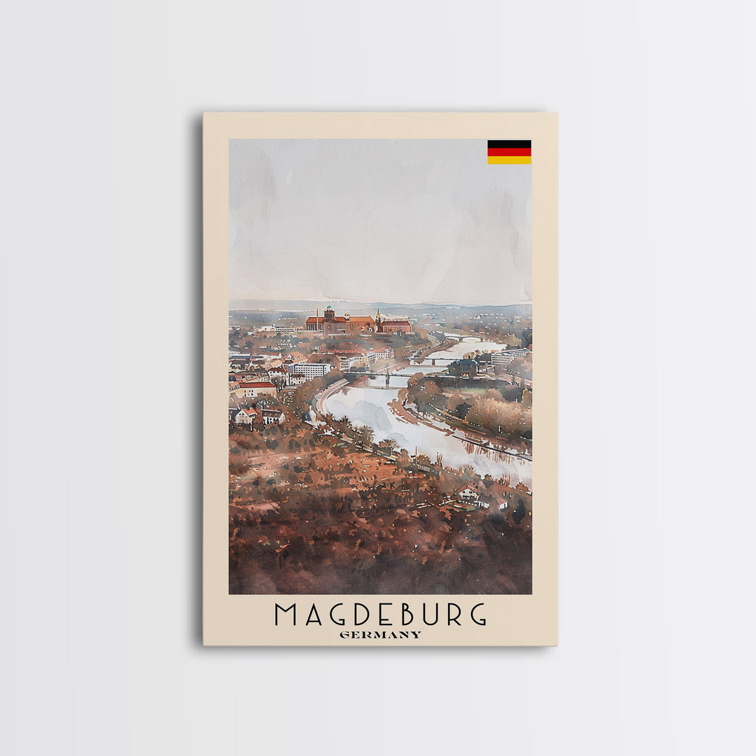 Magdeburg Germany Travel Poster Framed Canvas Print, Historic Landmarks, Watercolor Art, Wall Decor, Home Interior, Travel Print, Artistic Gift