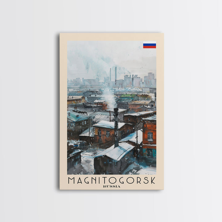 Magnitogorsk Russia Travel Poster Framed Canvas Print, Industrial Cityscape, Watercolor Painting, Wall Art, Home Decor, Travel Print, Original Piece