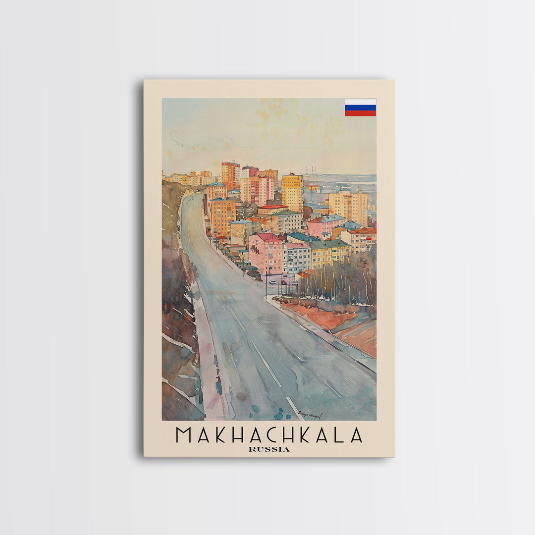 Makhachkala Russia Travel Poster Framed Canvas Print, Coastal Cityscape, Watercolor Art, Wall Hanging, Home Decor, Travel Print, Artistic Gift
