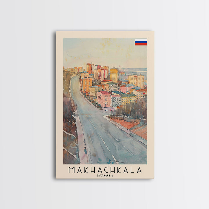 Makhachkala Russia Travel Poster Framed Canvas Print, Coastal Cityscape, Watercolor Art, Wall Hanging, Home Decor, Travel Print, Artistic Gift