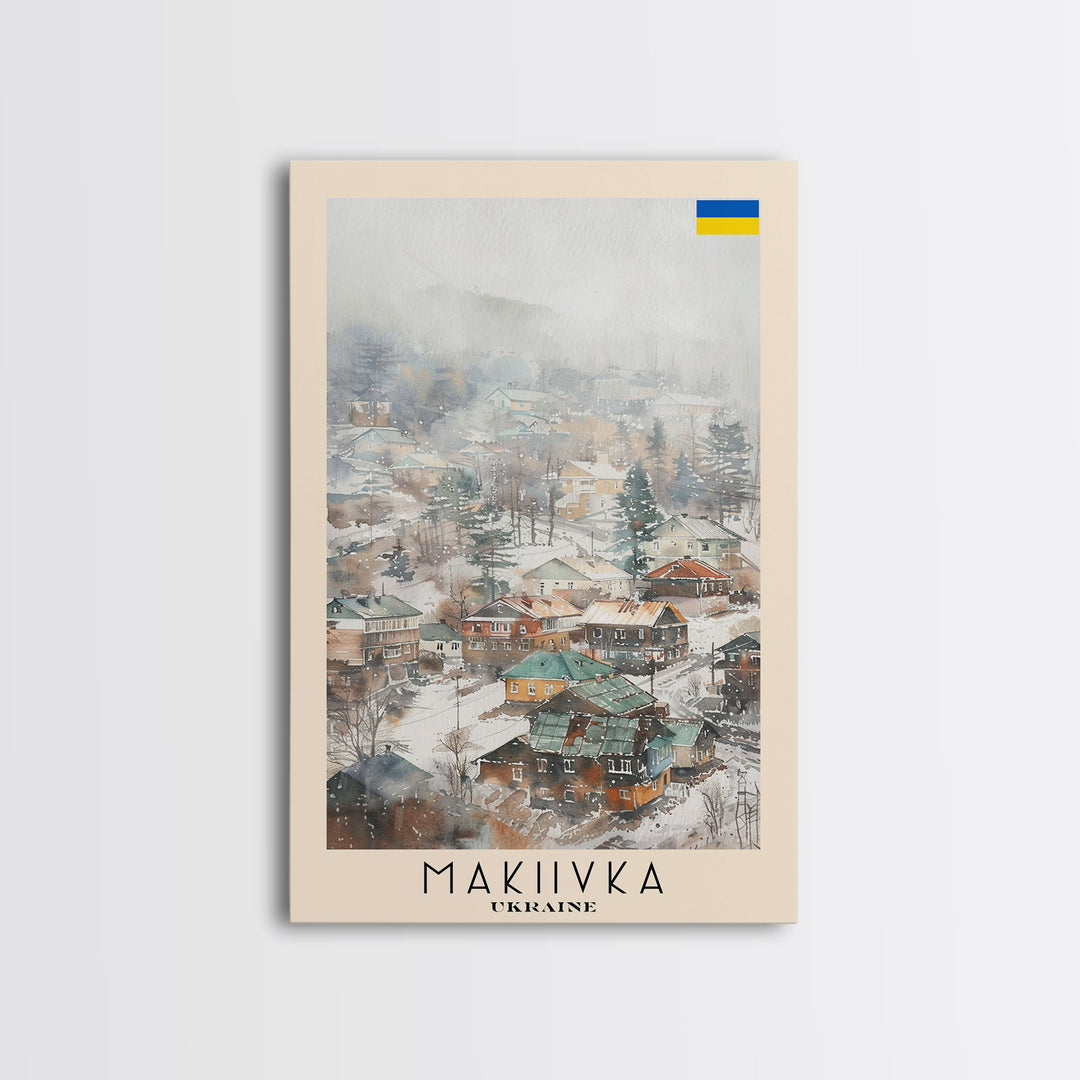 Makiivka Ukraine Travel Poster Framed Canvas Print, Urban Landscape, Watercolor Painting, Wall Art, Home Decoration, Travel Print, Unique Art