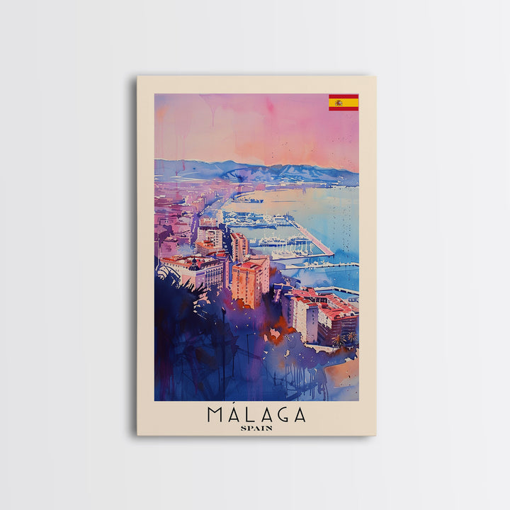 Malaga Spain Travel Poster Framed Canvas Print, Vibrant Coastline, Watercolor Art, Wall Decoration, Interior Decor, Travel Print, Unique Artwork