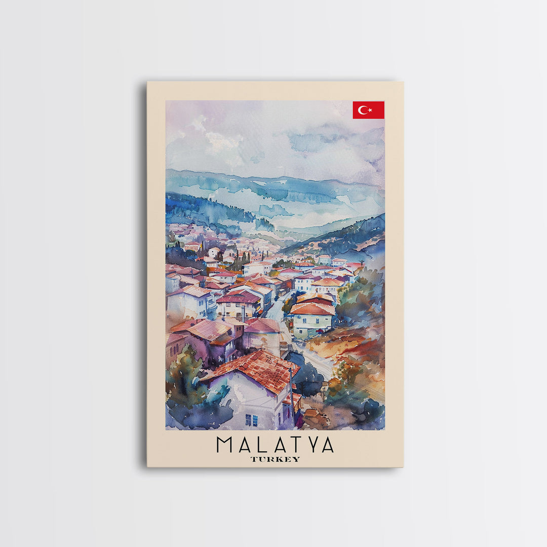Malatya Turkey Travel Poster Framed Canvas Print, Historic Landscape, Watercolor Art, Wall Art, Home Decoration, Travel Print, Artistic Gift