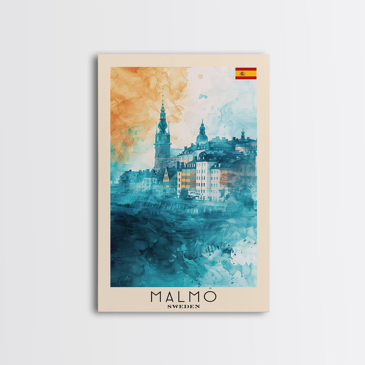 Malmo Sweden Travel Poster Framed Canvas Print, Modern Cityscape, Urban Art, Wall Hanging, Home Decor, Travel Print, Original Piece