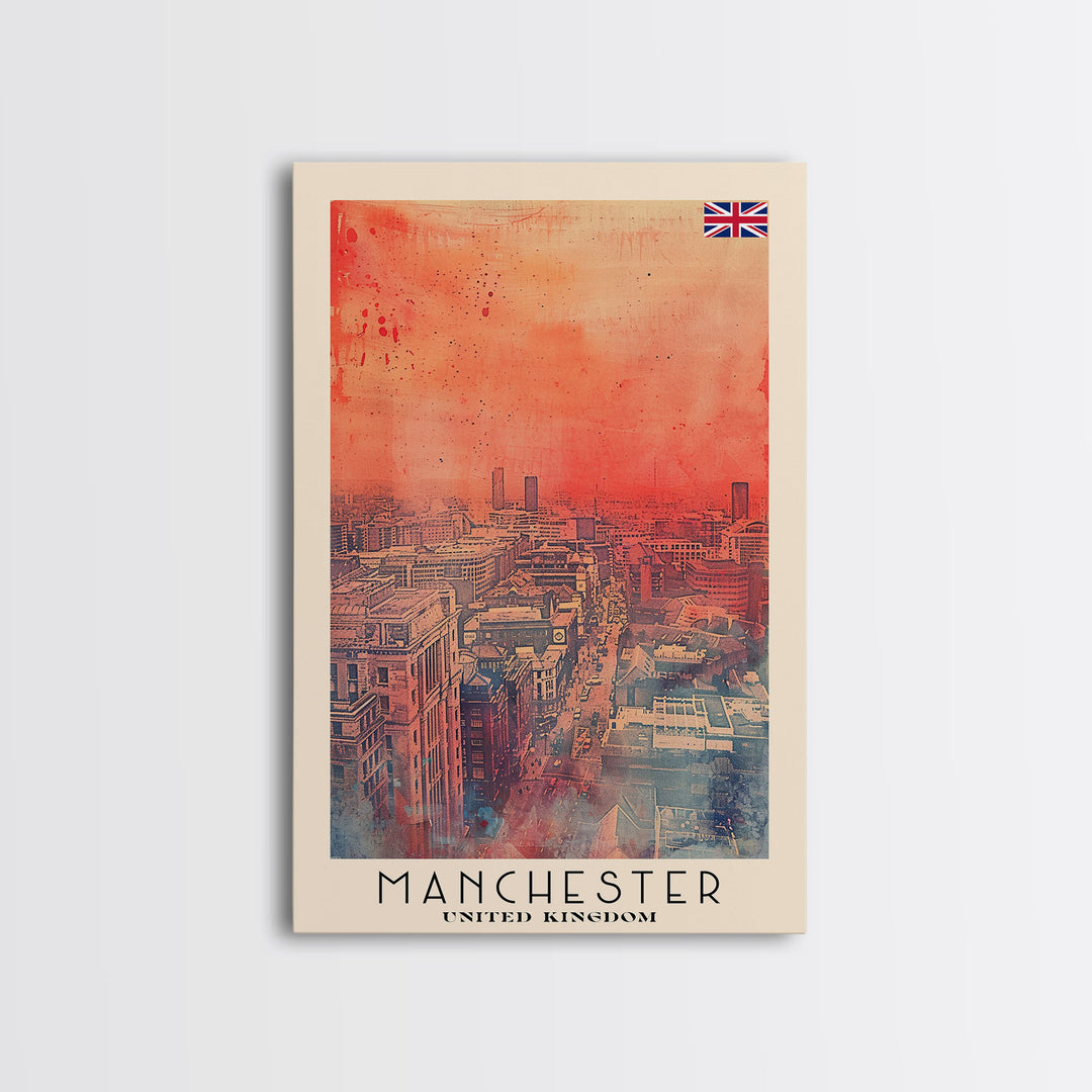 Manchester United Kingdom Travel Poster Framed Canvas Print, Iconic Landmarks, Watercolor Painting, Wall Decor, Interior Art, Travel Print, Artistic Gift