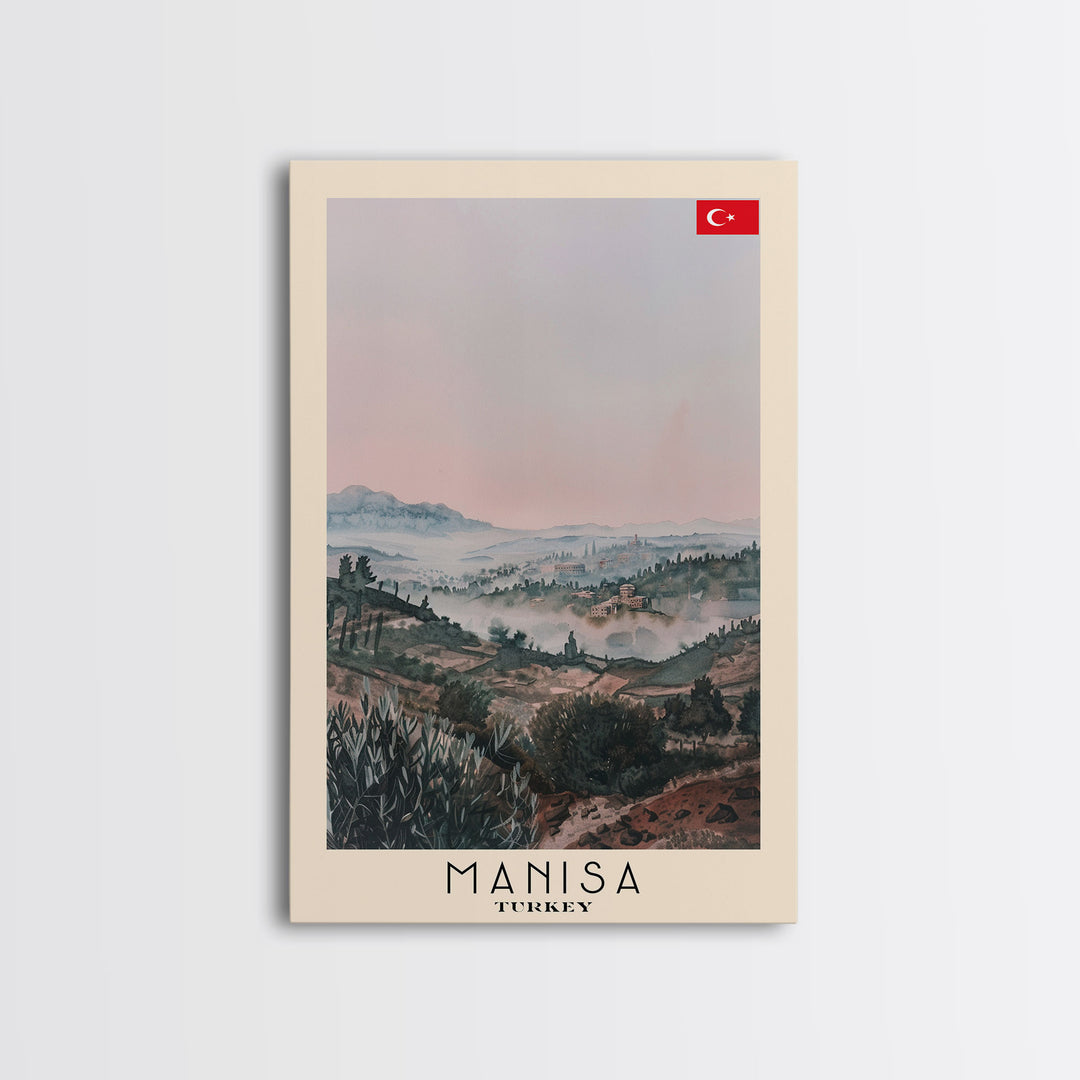 Manisa Turkey Travel Poster Framed Canvas Print, Scenic Landscape, Watercolor Art, Wall Decoration, Home Design, Travel Print, Unique Art