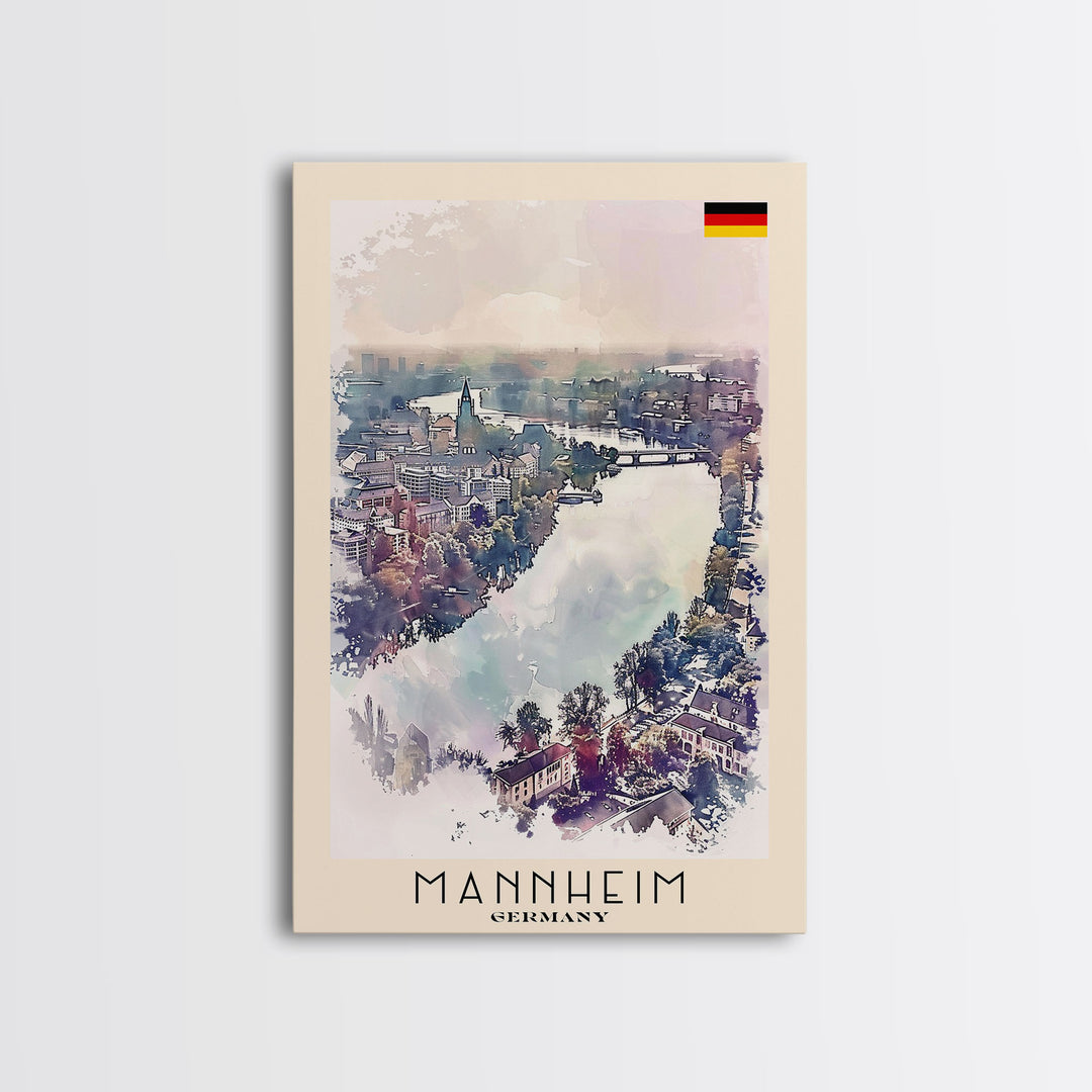 Mannheim Germany Travel Poster Framed Canvas Print, Historic Architecture, Watercolor Art, Wall Hanging, Interior Decor, Travel Print, Original Painting
