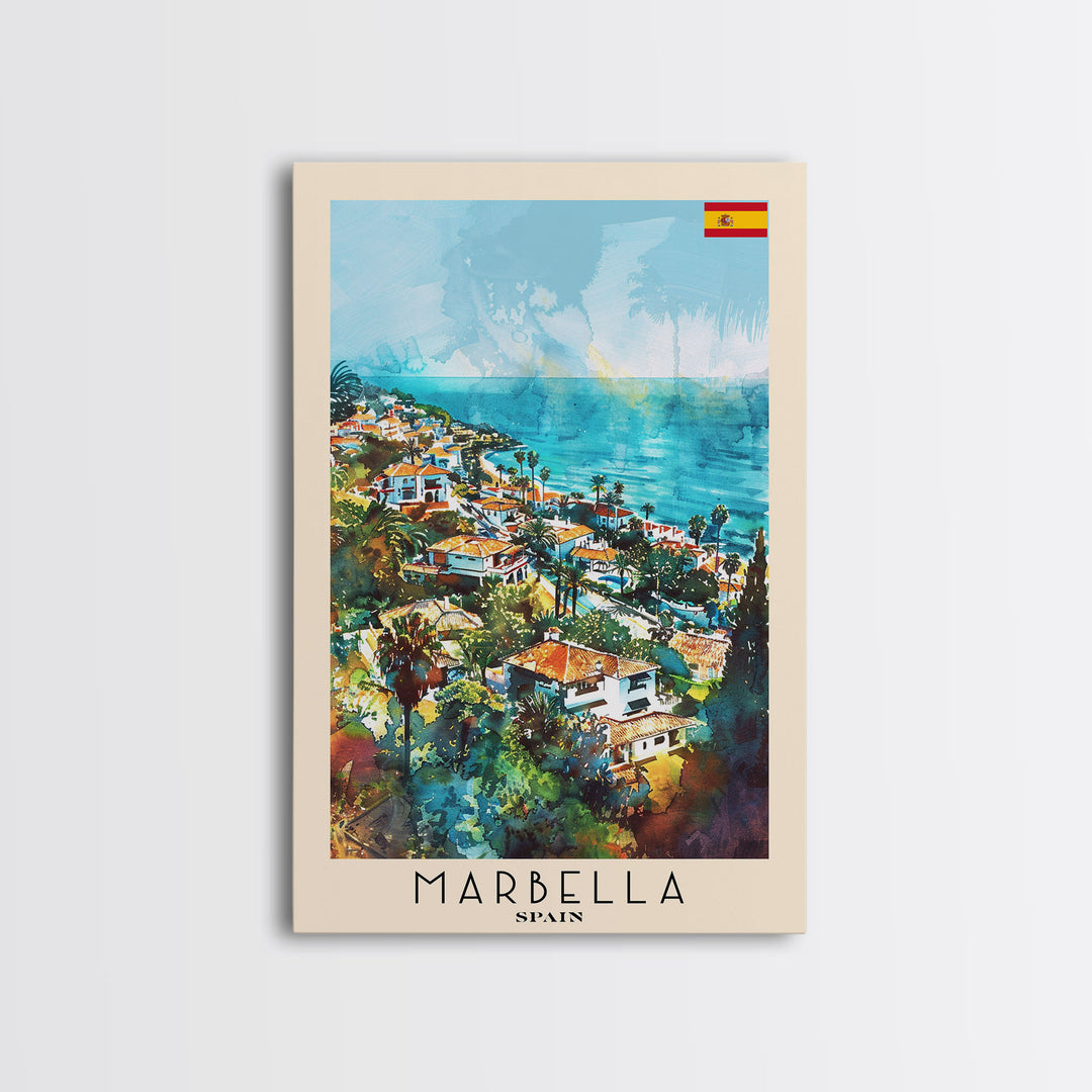 Marbella Spain Travel Poster Framed Canvas Print, Coastal Cityscape, Watercolor Painting, Wall Decor, Home Decoration, Travel Print, Artistic Piece