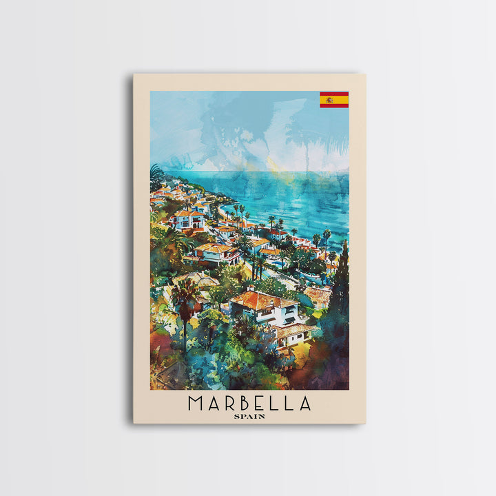 Marbella Spain Travel Poster Framed Canvas Print, Coastal Cityscape, Watercolor Painting, Wall Decor, Home Decoration, Travel Print, Artistic Piece