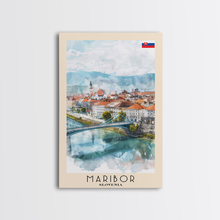 Maribor Slovenia Travel Poster Framed Canvas Print, Urban Landscape, Watercolor Art, Wall Hanging, Home Decor, Travel Print, Original Art