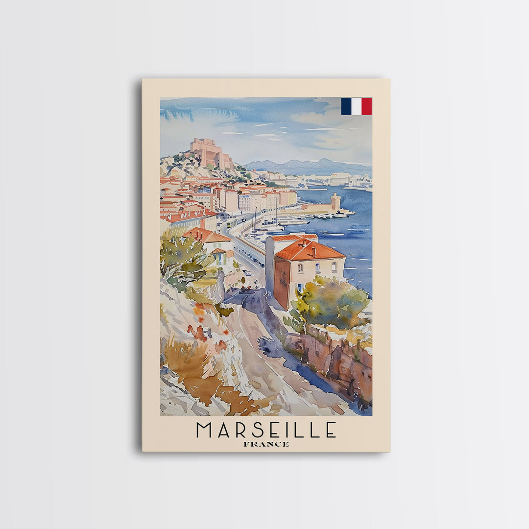 Marseille France Travel Poster Framed Canvas Print, Vibrant Cityscape, Watercolor Art, Wall Hanging, Home Decoration, Travel Print, Artistic Gift