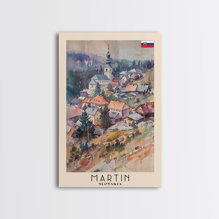 Martin Slovakia Travel Poster Framed Canvas Print, Scenic Mountain Landscape, Watercolor Art, Wall Decor, Home Interior, Travel Print, Unique Artwork