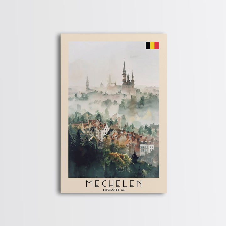 Mechelen Belgium Travel Poster Framed Canvas Print, Historic Architecture, Watercolor Painting, Wall Hanging, Home Decor, Travel Print, Artistic Piece