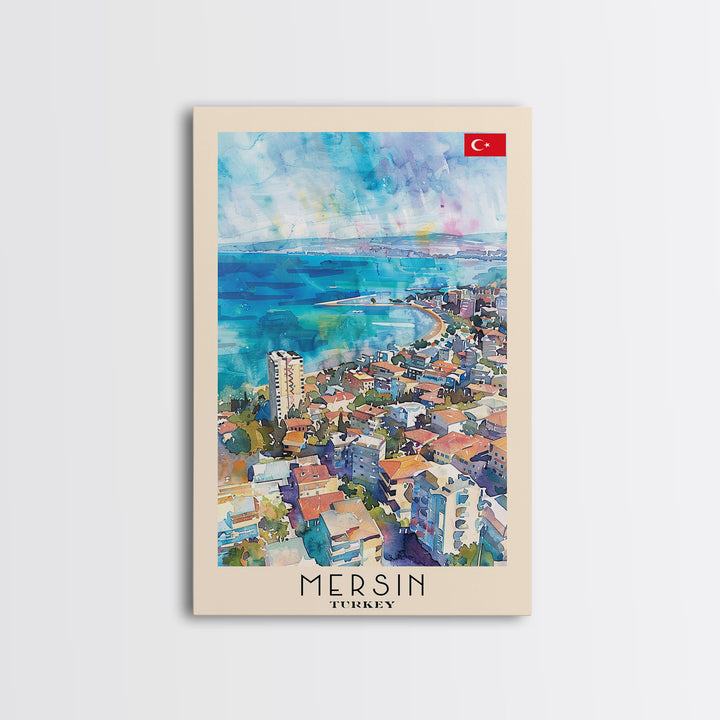Mersin Turkey Travel Poster Framed Canvas Print, Coastal Landscape, Watercolor Art, Wall Decoration, Interior Design, Travel Print, Original Painting