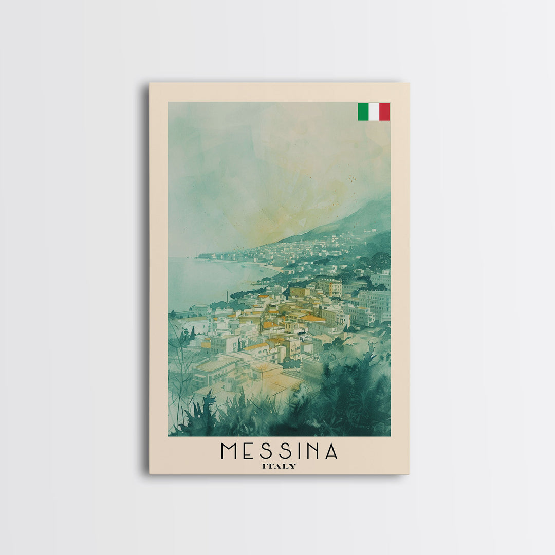 Messina Italy Travel Poster Framed Canvas Print, Urban Coastal Cityscape, Watercolor Art, Wall Decor, Home Decoration, Travel Print, Unique Art