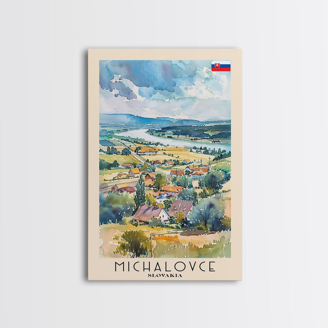 Michalovce Slovakia Travel Poster Framed Canvas Print, Scenic Landscape, Watercolor Painting, Wall Art, Home Decor, Travel Print, Original Piece
