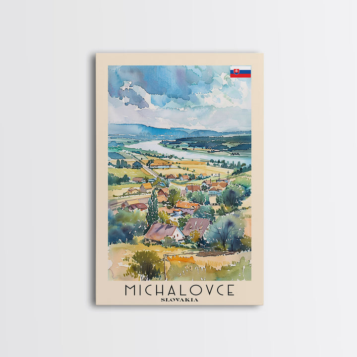 Michalovce Slovakia Travel Poster Framed Canvas Print, Scenic Landscape, Watercolor Painting, Wall Art, Home Decor, Travel Print, Original Piece