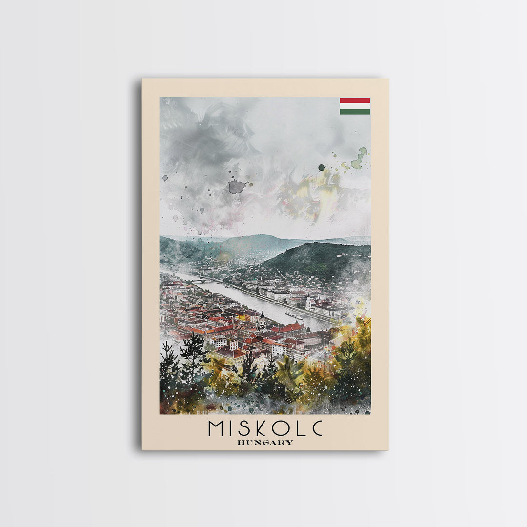 Miskolc Hungary Travel Poster Framed Canvas Print, Historic Cityscape, Watercolor Painting, Wall Decor, Home Decoration, Travel Print, Original Art