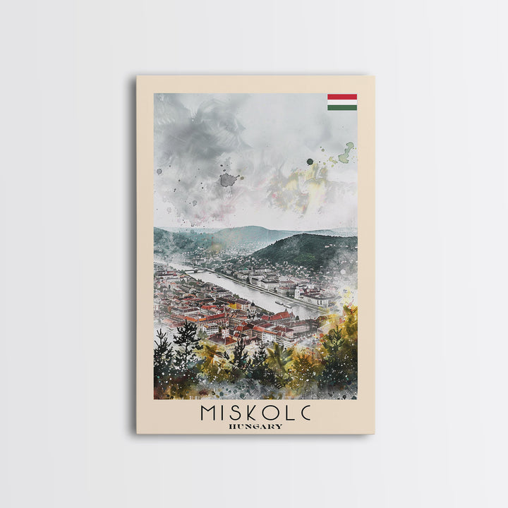Miskolc Hungary Travel Poster Framed Canvas Print, Historic Cityscape, Watercolor Painting, Wall Decor, Home Decoration, Travel Print, Original Art