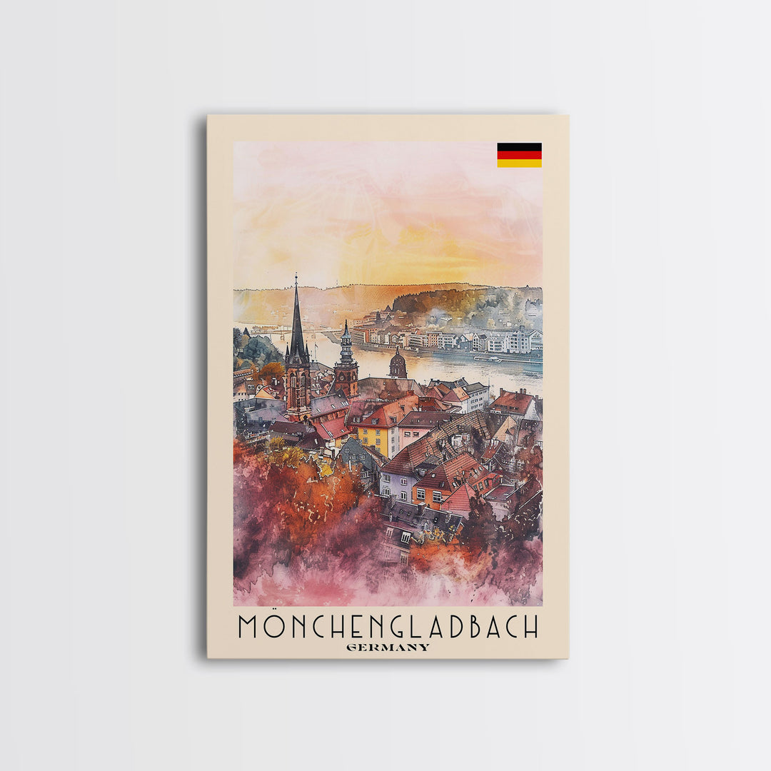 Mönchengladbach Germany Travel Poster Framed Canvas Print, Modern Cityscape, Watercolor Art, Wall Decoration, Interior Decor, Travel Print, Unique Artwork