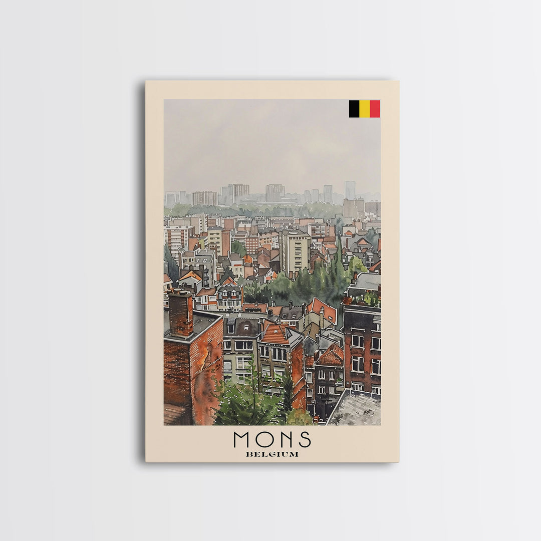 Mons Belgium Travel Poster Framed Canvas Print, Scenic Urban Landscape, Watercolor Painting, Wall Art, Home Decor, Travel Print, Original Painting
