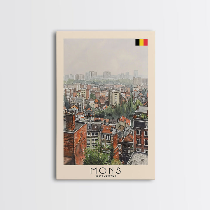 Mons Belgium Travel Poster Framed Canvas Print, Scenic Urban Landscape, Watercolor Painting, Wall Art, Home Decor, Travel Print, Original Painting