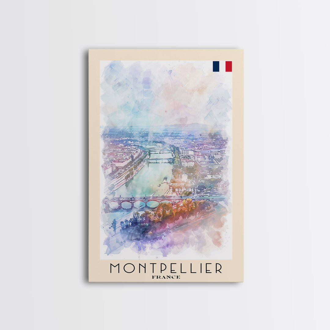 Montpellier France Travel Poster Framed Canvas Print, Vibrant Cityscape, Watercolor Art, Wall Decor, Interior Design, Travel Print, Unique Artwork