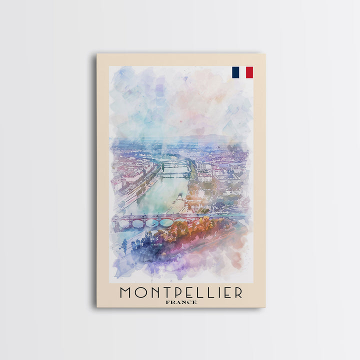 Montpellier France Travel Poster Framed Canvas Print, Vibrant Cityscape, Watercolor Art, Wall Decor, Interior Design, Travel Print, Unique Artwork