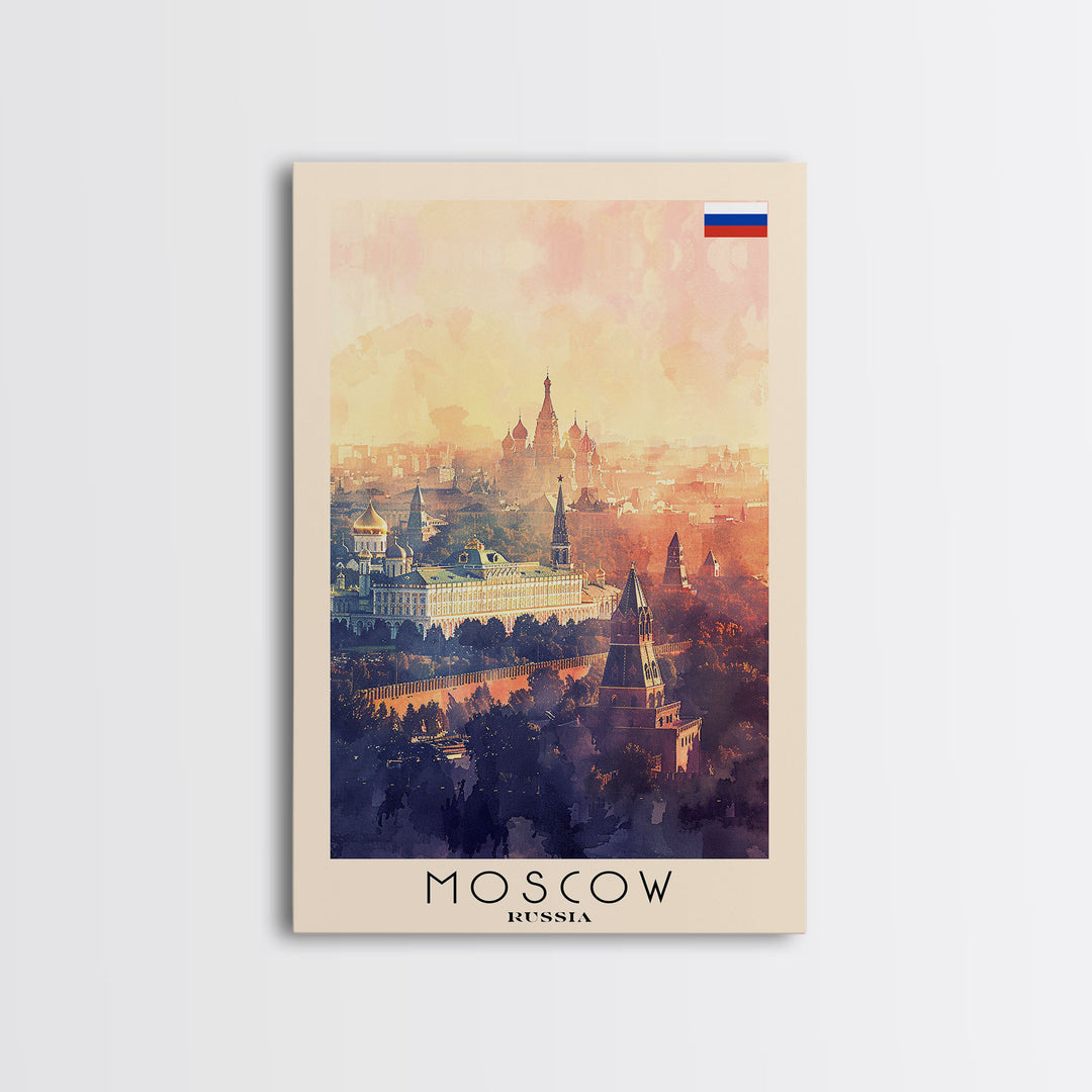 Moscow Russia Travel Poster Framed Canvas Print, Historic Landmarks, Watercolor Painting, Wall Art, Home Decor, Travel Print, Artistic Gift