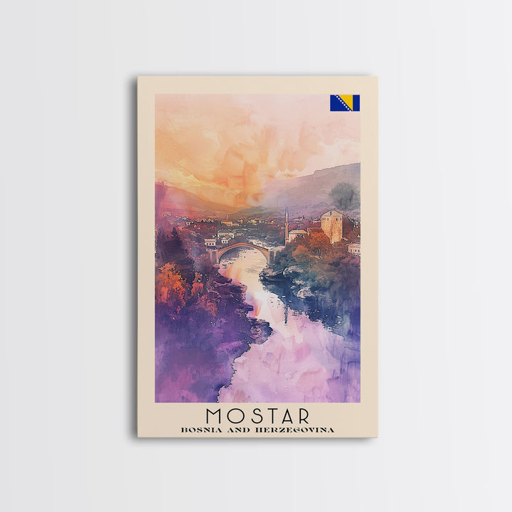 Mostar Bosnia Travel Poster Framed Canvas Print, Scenic Landscape, Watercolor Art, Wall Hanging, Home Decoration, Travel Print, Original Piece