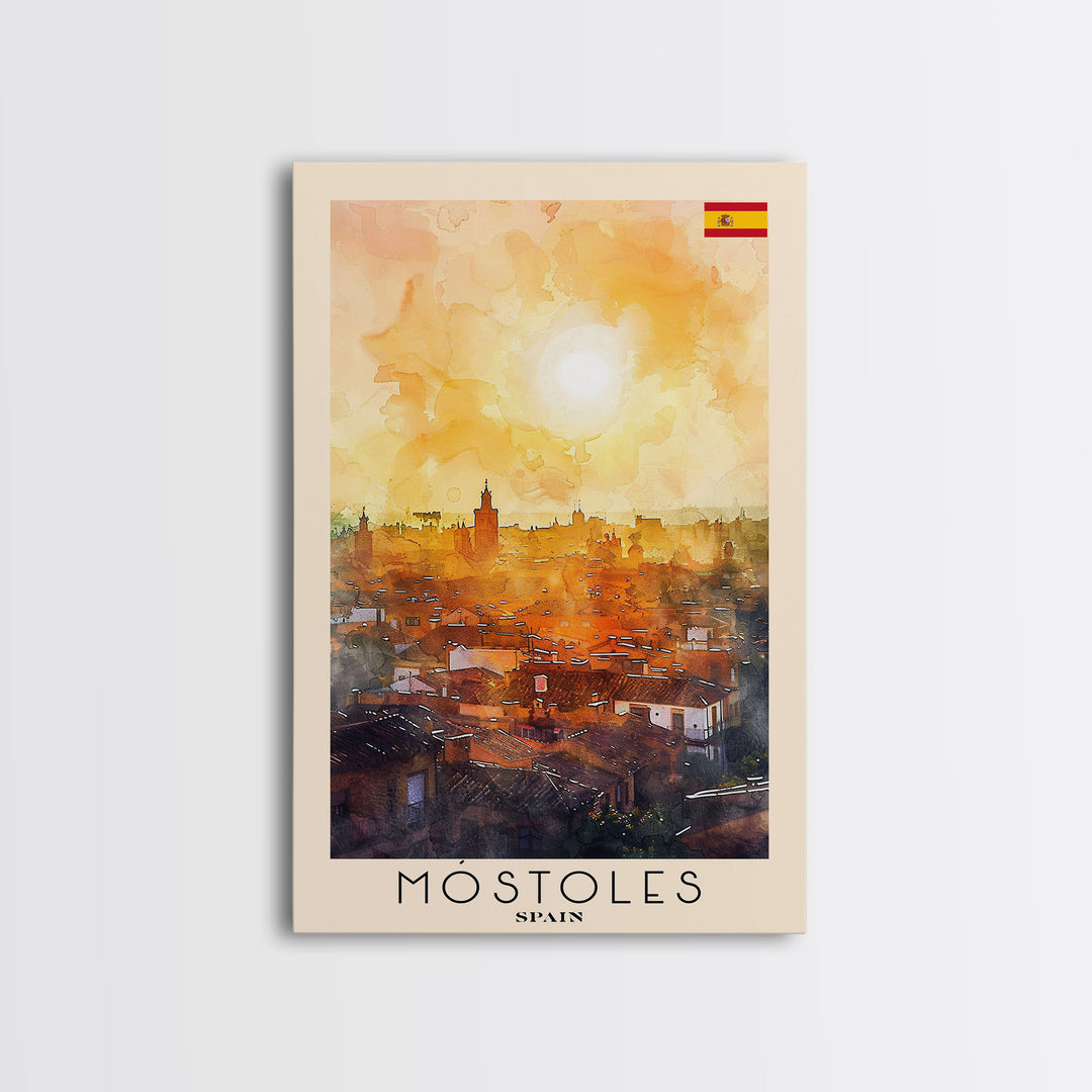 Móstoles Spain Travel Poster Framed Canvas Print, Urban Landscape, Watercolor Art, Wall Decor, Interior Decor, Travel Print, Unique Artwork