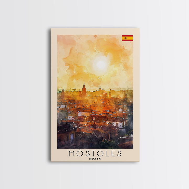 Móstoles Spain Travel Poster Framed Canvas Print, Urban Landscape, Watercolor Art, Wall Decor, Interior Decor, Travel Print, Unique Artwork