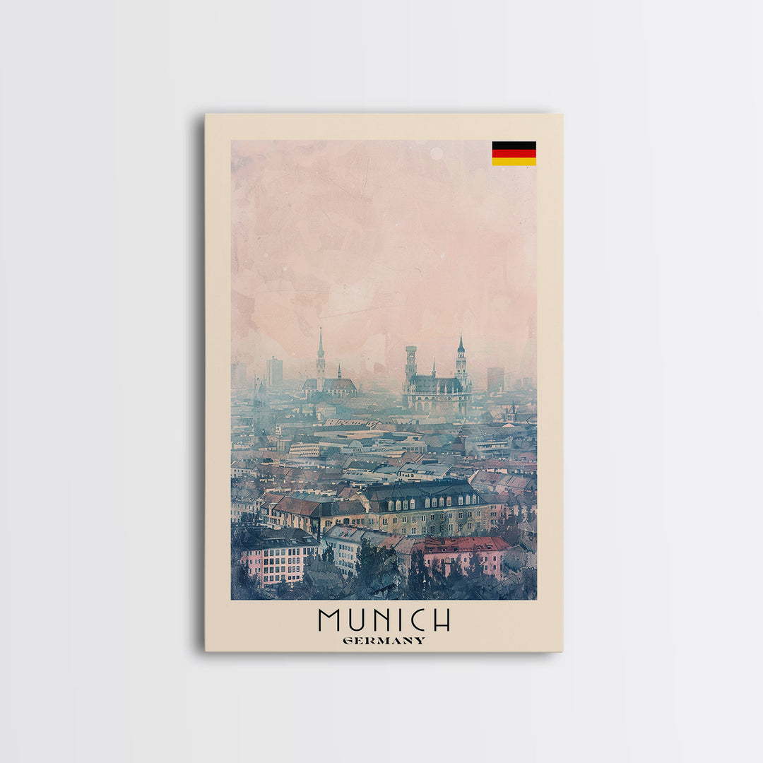 Munich Germany Travel Poster Framed Canvas Print, Iconic Cityscape, Watercolor Art, Wall Decoration, Home Decor, Travel Print, Artistic Piece