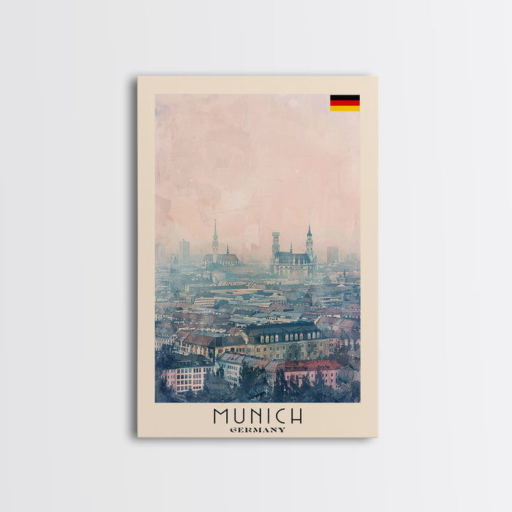 Munich Germany Travel Poster Framed Canvas Print, Iconic Cityscape, Watercolor Art, Wall Decoration, Home Decor, Travel Print, Artistic Piece
