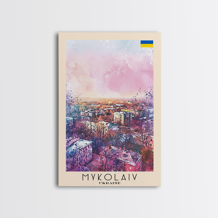 Mykolaiv Ukraine Travel Poster Framed Canvas Print, Urban Landscape, Watercolor Art, Wall Decor, Interior Decoration, Travel Print, Original Artwork