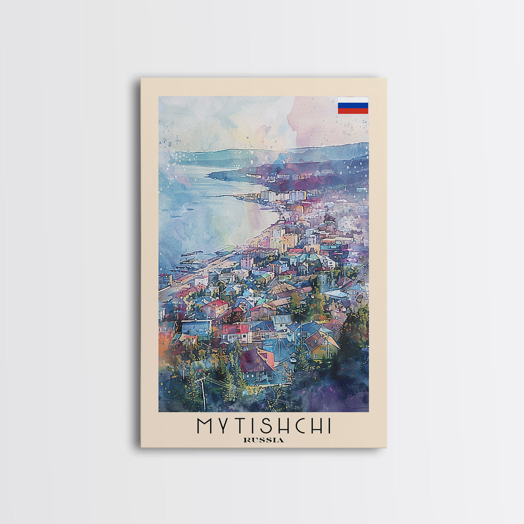 Mytishchi Russia Travel Poster Framed Canvas Print, Vibrant Cityscape, Watercolor Art, Wall Hanging, Home Decor, Travel Print, Unique Piece
