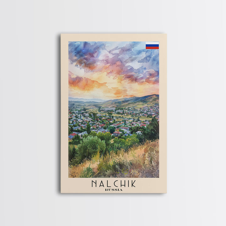 Nalchik Russia Travel Poster Framed Canvas Print, Sunset Watercolor Painting, Scenic Art, Vacation Wall Art, Living Room Decor, Unique Art
