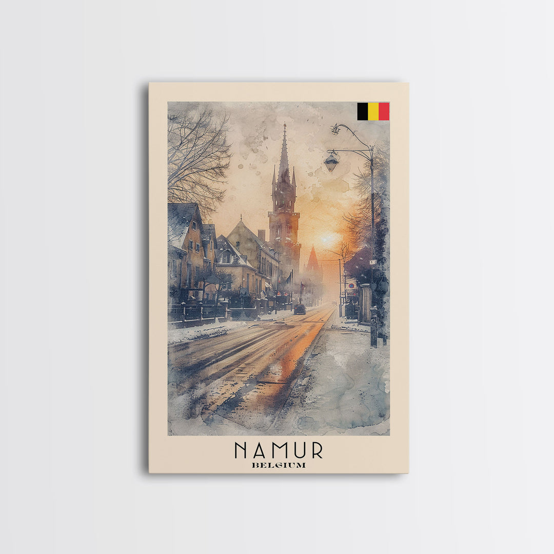 Namur Belgium Framed Canvas Print, Vintage Travel Poster, Architectural Wall Art, Watercolor Painting, Home Decor, Vacation Art, Unique Art