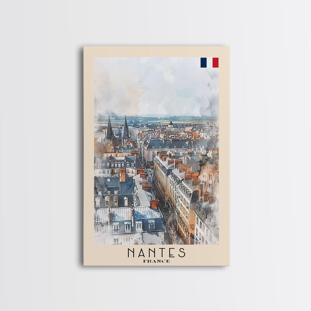 Nantes France Travel Poster Framed Canvas Print, Cityscape Watercolor Painting, Wall Art, Home Decor, Vacation Art, Urban Art, Unique Art