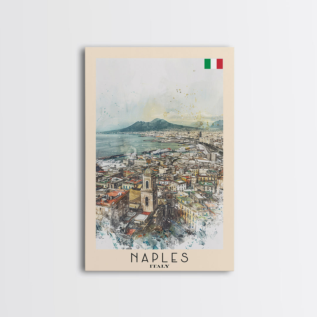 Naples Italy Framed Canvas Print, Scenic Travel Poster, Watercolor Painting, Coastal Wall Art, Home Decor, Vacation Art, Unique Art