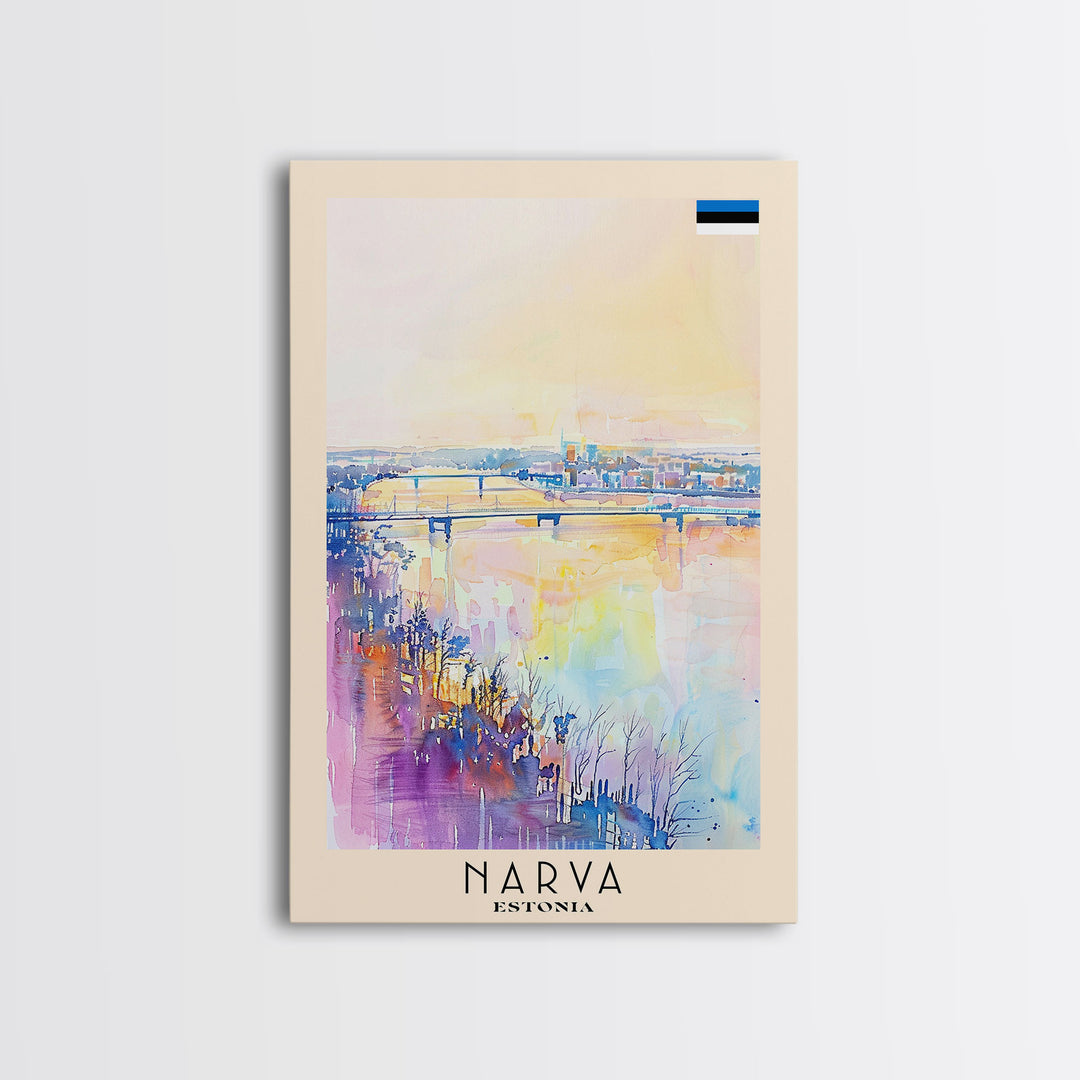 Narva Estonia Framed Canvas Print, Sunset Travel Poster, Watercolor Painting, Scenic Wall Art, Home Decor, Vacation Art, Unique Art