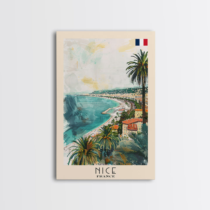 Nice France Travel Poster Framed Canvas Print, Coastal Watercolor Painting, Scenic Wall Art, Home Decor, Vacation Art, Unique Art