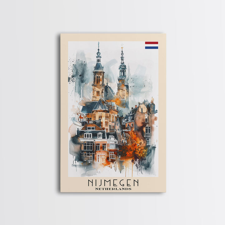 Nijmegen Netherlands Framed Canvas Print, Urban Travel Poster, Watercolor Painting, Architectural Wall Art, Home Decor, Unique Art