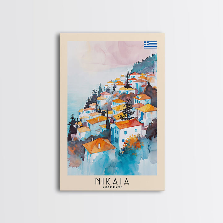Nikaia Greece Framed Canvas Print, Boho Travel Poster, Watercolor Painting, Wall Art, Home Decor, Greek Scenery, Mediterranean Style