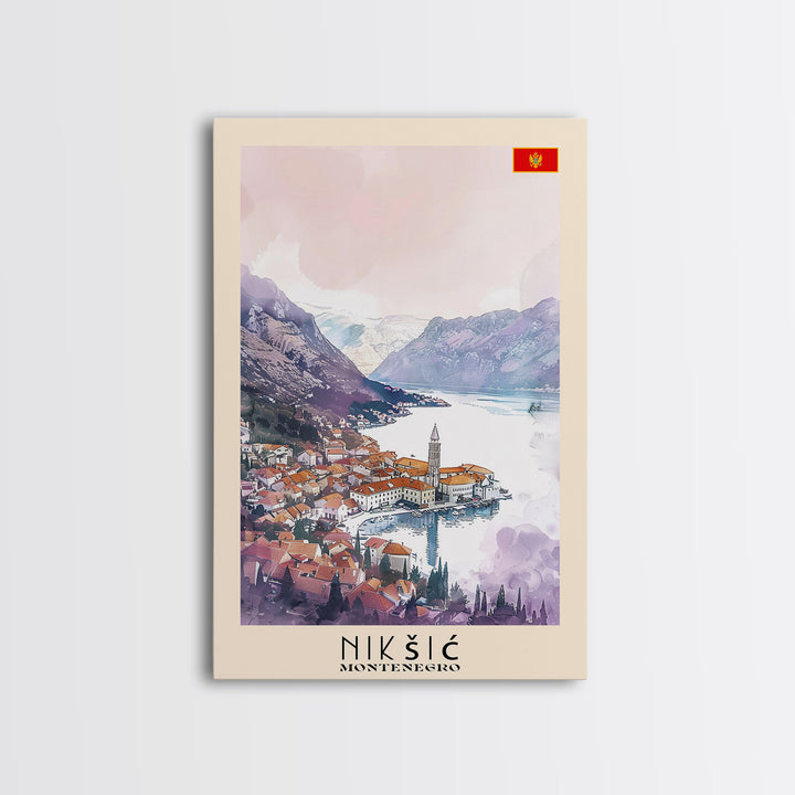 Niksic Montenegro Framed Canvas Print, Scenic Travel Poster, Watercolor Painting, Wall Art, Home Decor, Montenegro Landscape, Rustic Decor
